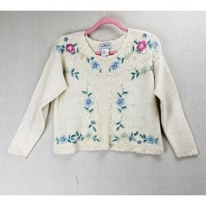 Spice‎ of Life Sweater Women Medium Pearl Floral Embroidered White Boho Y2K